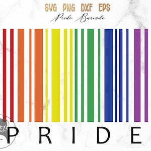 Könnte beinhalten: Ein Regenbogen-Barcode mit dem Wort "PRIDE" darunter. Der Barcode besteht aus vertikalen Streifen in den Farben der Regenbogenflagge: Rot, Orange, Gelb, Grün, Blau, Indigo und Violett.