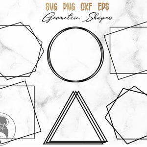 May include: A set of six black geometric shapes, including a circle, square, triangle, and three octagons, on a white marble background. The shapes are outlined in black and are empty.
