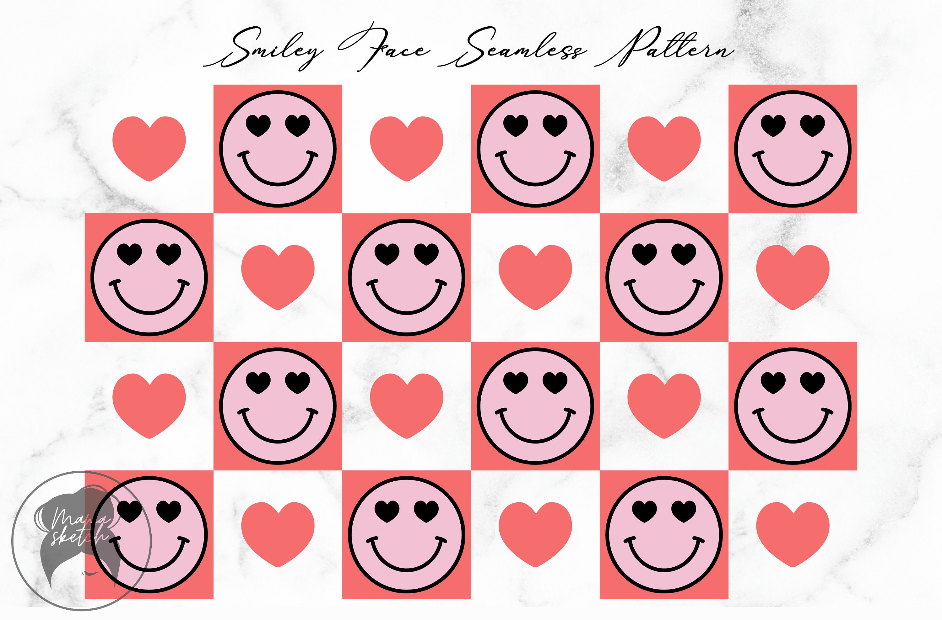 Smiley Face Seamless Pattern Svg Png Dxf Eps, Hearts and Happy Face ...