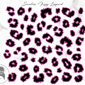 Puede incluir: Patrón sin costuras con manchas de leopardo negras con un contorno rosa sobre un fondo blanco. El patrón se titula "Seamless Fuzzy Leopard".