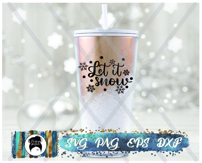K&ouml;nnte beinhalten: Ein wei&szlig;er Becher mit goldener Glitzer-Oberfl&auml;che und einem schwarzen Design, auf dem "Let it snow" mit Schneeflocken steht.