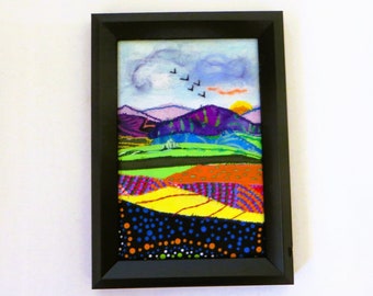 Landscape textile art, embroidery wall art, abstract mountain art, sunrise, textile embroidery, wall decor