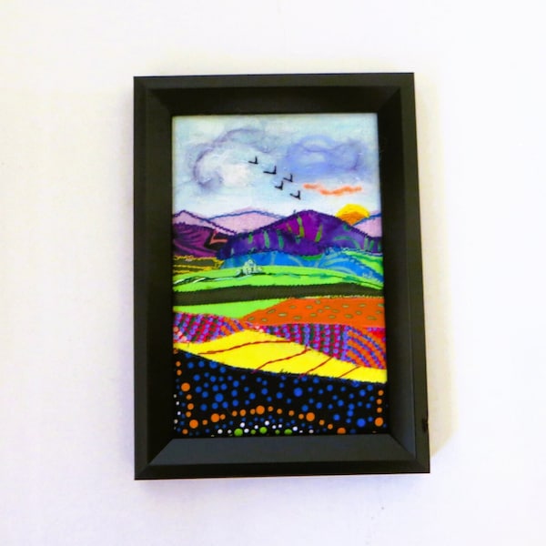 Landscape textile art, embroidery wall art, abstract mountain art, sunrise, textile embroidery, wall decor