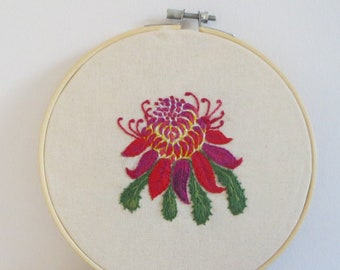 Waratah flower, embroidery hoop art, finished embroidery, native flora wall art, hand embroidery, botanical art