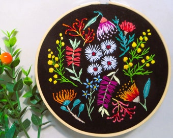 Embroidery art, Australian native flora, hoop art on black, home decor, native flower hand embroidery, wedding gift