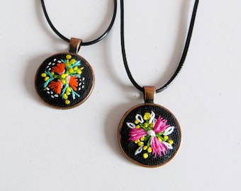 Native flower embroidered pendant, embroidered flower necklace, hand embroidered jewellery, floral embroidery pendant, handmade gift