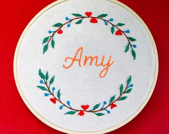 Personalized Floral Embroidery: Australian Made Custom Embroidered Name Wall Art, Nursery Decor Gift