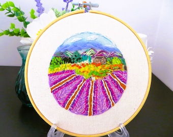 Lavender Field Embroidered Hoop Art: Farm Landscape Wall Decor