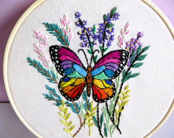 Floral hoop art, hand embroidery, wildflower wall art, finished embroidery, butterfly garden textile art