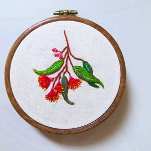 Australian Botanical Wall Art: Red Eucalyptus Flowers, Framed Hand Embroidered Native Flower Wall Hanging