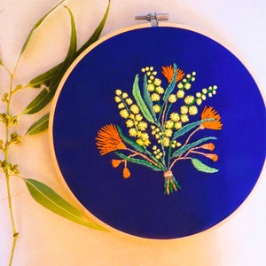 Wattle & Eucalyptus Embroidery Art: Wall art Australian Native Flowers