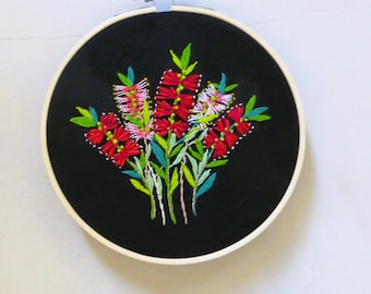 Australian native embroidery art, wall decor, textile art, native decor, wall art, finished embroidery, hoop art