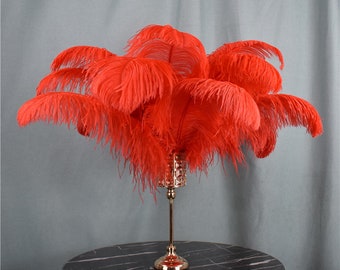 May include: A red ostrich feather plume arrangement on a gold metal stand. The feathers are arranged in a fan shape and are very full.