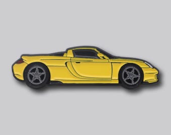 May include: A yellow sports car with black wheels and a black roof. The car has a sleek, aerodynamic design and is set against a gray background. The car's body is a bright yellow, and the wheels are a dark gray color.