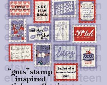 May include: A collection of 10 colorful digital stickers with various phrases and designs. The stickers are in the style of vintage postage stamps. Some of the phrases include "Love is Embarrassing", "Get Him Back", "Logical", "Pretty Isn't Pretty", "Bad Idea Right", "How Do You Lie", "Making the Bed", "Lacy", "Ballad of a Homeschool Girl", and "Teenage Dream".