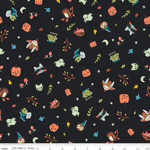 By the Yard -  Tiny Treaters Toss Charcoal Glow in the Dark Fabric, Halloween Fabric