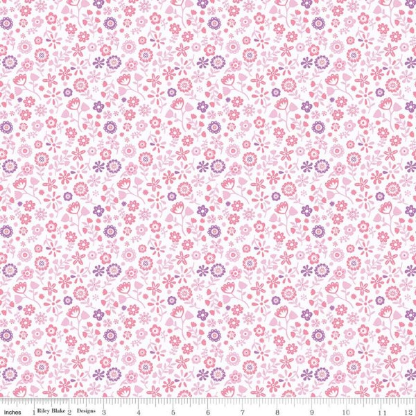 Unicorn Kingdom Flower White, Pink and Purple Flower Fabric - Cotton Fabric sold by the 1/2 yard