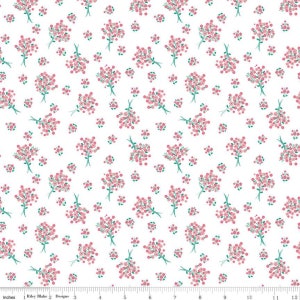 May include: White fabric with a repeating pattern of small pink and green floral bouquets. The bouquets are scattered randomly across the fabric.