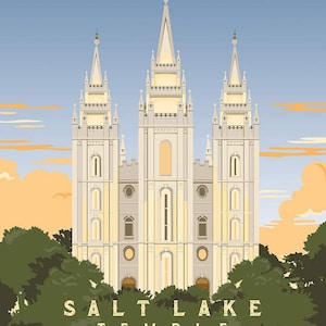 May include: A vintage-style illustration of the Salt Lake Temple, a large white building with multiple spires and intricate details. The temple is surrounded by green trees and a blue sky with clouds.