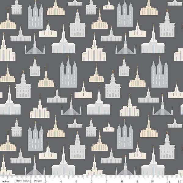 Called to Serve Temples on Gray, LDS Temple Fabric - Cotton Fabric sold by the 1/2 yard