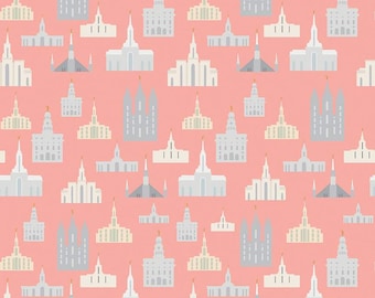 Called to Serve Temples on Coral, LDS Temple Fabric - Cotton Fabric sold by the 1/2 yard
