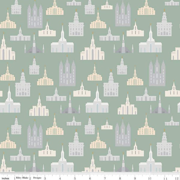 Called to Serve Temples on Sage, LDS Temple Fabric - Cotton Fabric sold by the 1/2 yard