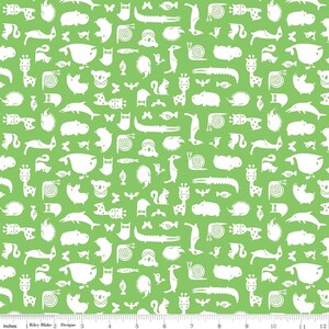 Noah&#39;s Ark Animal Toss Green, Animal Fabric - Cotton Fabric sold by the 1/2 yard