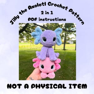May include: Two crocheted axolotl plushies, one purple and one pink, stacked. The purple axolotl has blue frills and the pink one has pink frills. The image includes text that reads "Jilly the Axolotl Crochet Pattern" and "NOT A PHYSICAL ITEM."