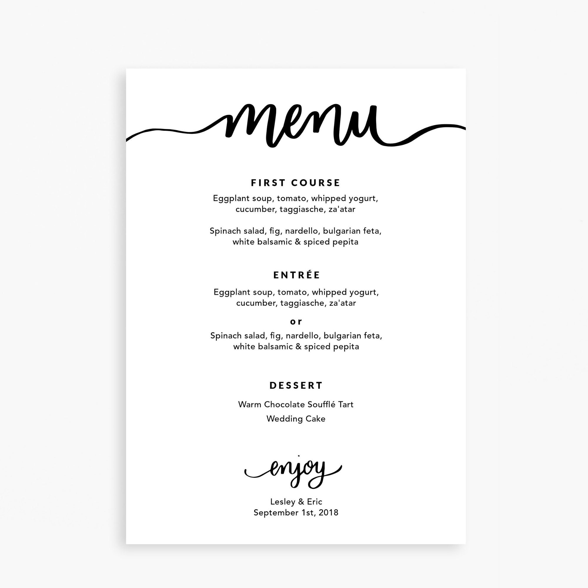 Classic Cursive Calligraphy DIY Printable Wedding Menu Template 5x7 ...