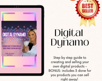 May include: A pink and white digital tablet displaying a digital product cover with the title "Digital Dynamo: Beginners Guide to the Wild World of Digital Product Creation and Sales". The cover features a woman holding a smartphone and the text "Digital Dynamo" in a pink and white gradient.