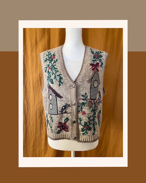 Vintage Vest, Birdhouse Vest, Hand Embroidered Ves