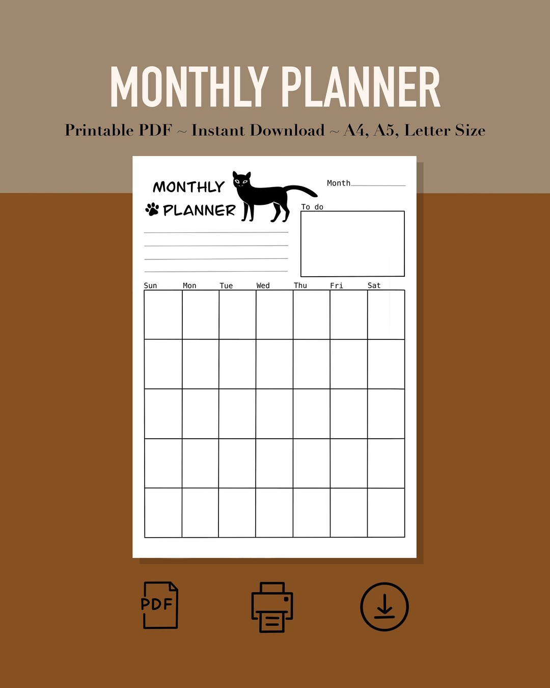 Printable Monthly Planner Downloadable Monthly Planner Cat - Etsy