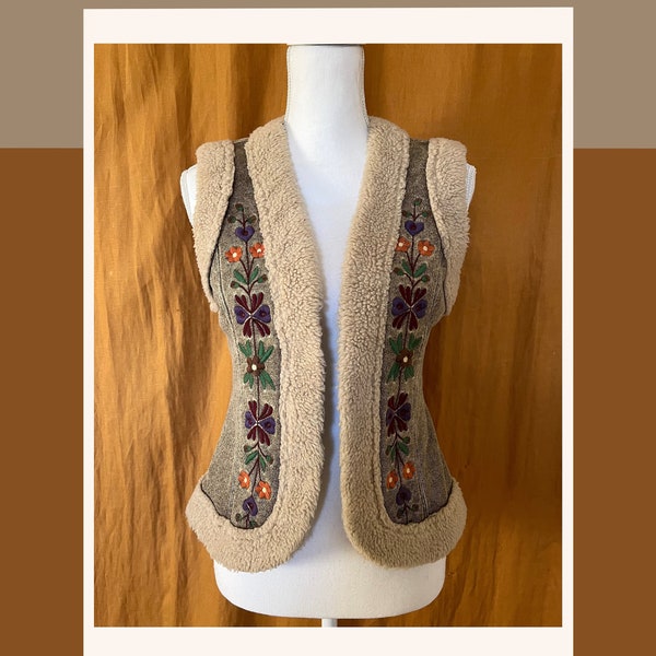 Faux Fur Vest, Embroidered Detailed Vest, Vintage Vest, ABS Allen Schwartz