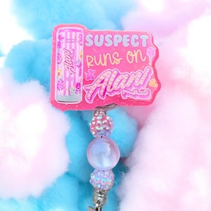 Suspect Runs on Alani Nu, Running On Alani Nu and a Prayer Badge Reel, Energy Drink, RN Badge Reel, Funny RN Badge, Med Surg, ER Nurse, Cna