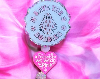 Breast Cancer Awareness Badge Holder, Save the Boobies Badge Reel, Pink Breast Cancer Badge, Halloween Badges, Ghost Breast Cancer Badge