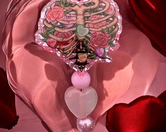 Valentines Day Rib Cage Badge, XOXO Badge reel, Valentines Skeleton ID Badge Holder, Nurse Badge Reel, Valentines Day, Anatomy Badge Reel
