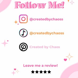 Pu&ograve; includere: Grafica rosa e bianca con la scritta "Follow Me!" e icone di social media per Instagram, TikTok e Pinterest, ciascuna con un nome utente. L'immagine include anche il testo "Leave me a review!" e cinque stelle nere.