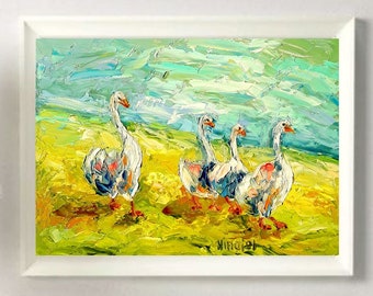 Gansos Aves Pintura Original Óleo Gansos animales familiares Aves Pared Arte Paisaje Rural Arte animal asequible Galería de pared Pintado a mano