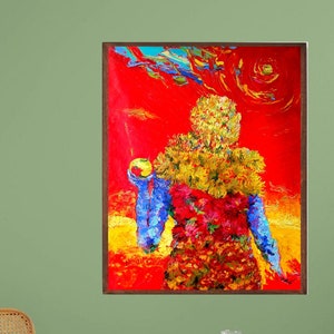 Flowering Woman Oil Painting: Original Female Portrait with Apple, 36x27&quot;