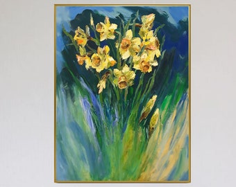 Peinture de jonquilles sur panneau dur, art floral abstrait, art de bouquet de fleurs d'été, art texturé, peinture à l'huile, décor d'art mural, idées cadeaux