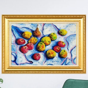 Original Apple Still Life Oil Painting: Kitchen Food Art, 19.7x27.5 in