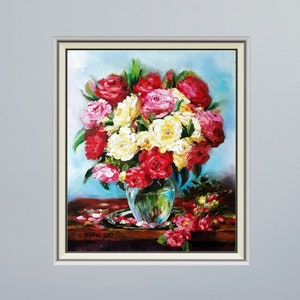 Painting &quot;Roses&quot; on Canvas, Original Wall Art, Flowers Abstract Painting, Oil painting, Still Life &quot;Summer Flowers Bouquet Roses in Vase&quot;