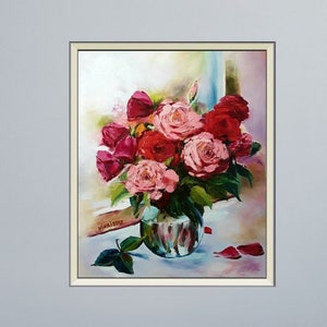 Roses Painting on Canvas, Original Wall Art, Flowers Abstract Painting, Oil painting, Still Life &quot;Summer Flowers Roses Bouquet in Vase&quot;