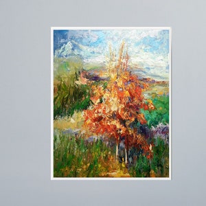 Autumn Tree Painting on Canvas: Abstract Landscape Art, 21.7x25.7 in