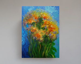 Painting "Yellow Asters", Original Oil Artwork, Flowers Bouquet in Vase, Still Life Painting, Colorful Bright, Gift Birthday For Everyone