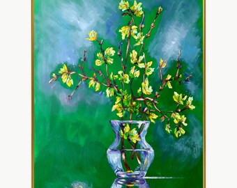 Origineel olieverfschilderij gele bloemen: abstract stillevenkunst aan de muur