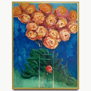 Original Pink Roses Oil Painting: Summer Bouquet Still Life Art