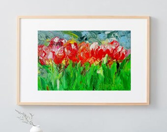 Tulips Painting Abstract Flowers Original Art Oil Impasto Miniature Wall Art Colourful Red Painting Above Sofa Art by Nina Tymoshchuk