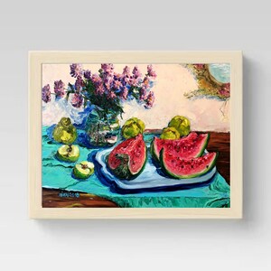 Original Watermelon Still Life Oil Painting: Kitchen Wall Art