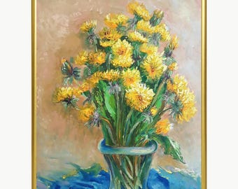 Original Dandelions Oil Painting: Summer Flowers Bouquet Still Life Art